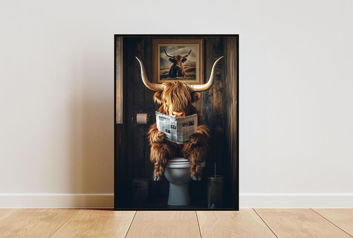 Highland Cow Bathroom Poster, Scottish Cow Portrait