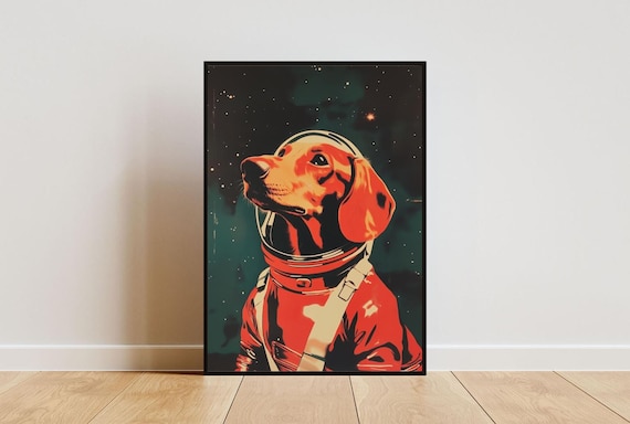 Dachshund Astronaut Red Starry Spacesuit Retro Pop Space Dog Poster