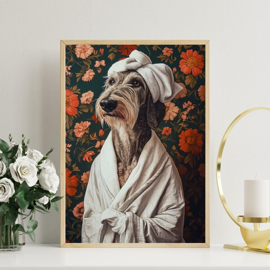 Irish Wolfhound Bathrobe Bathroom Dog Art Print - Image 3