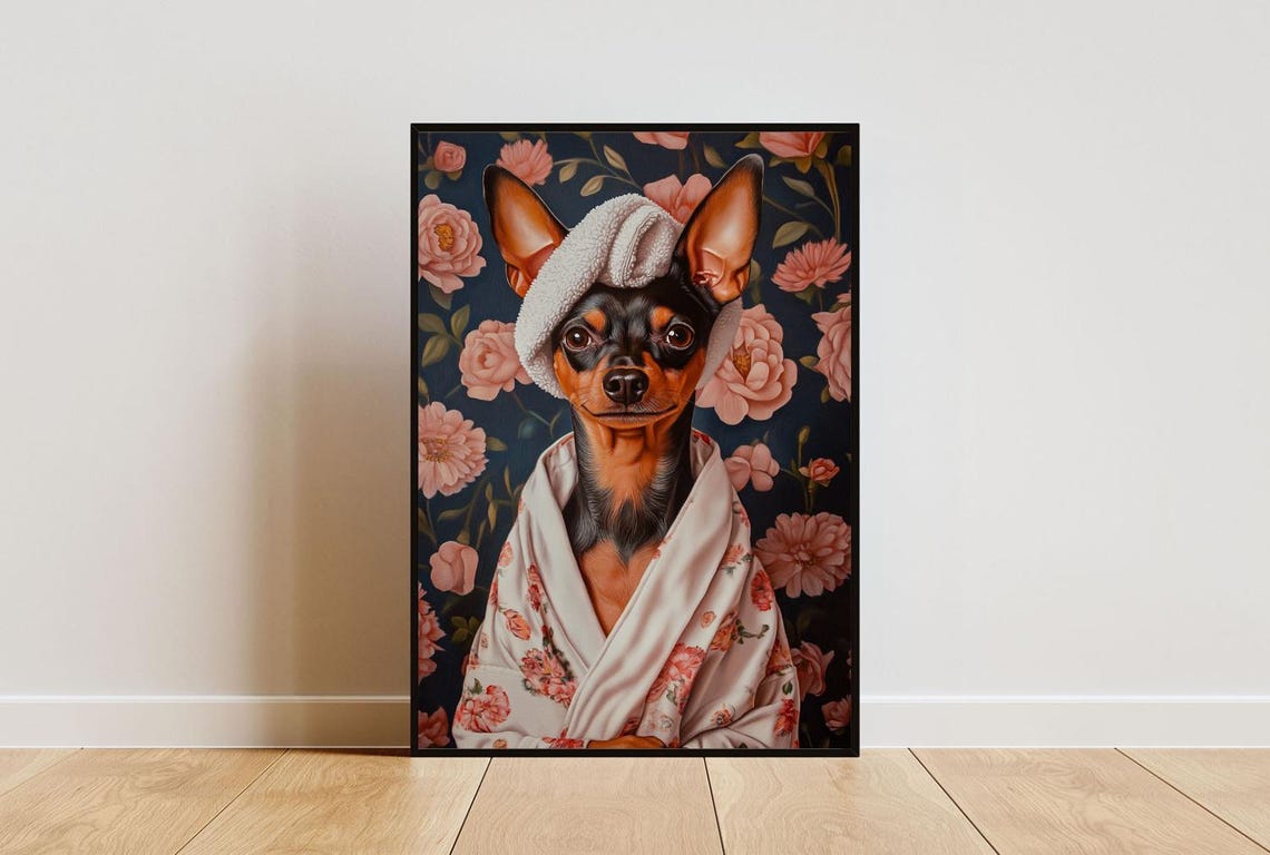 Miniature Pinscher In Bathrobe Spa Day Portrait Funny Dog Wall Poster
