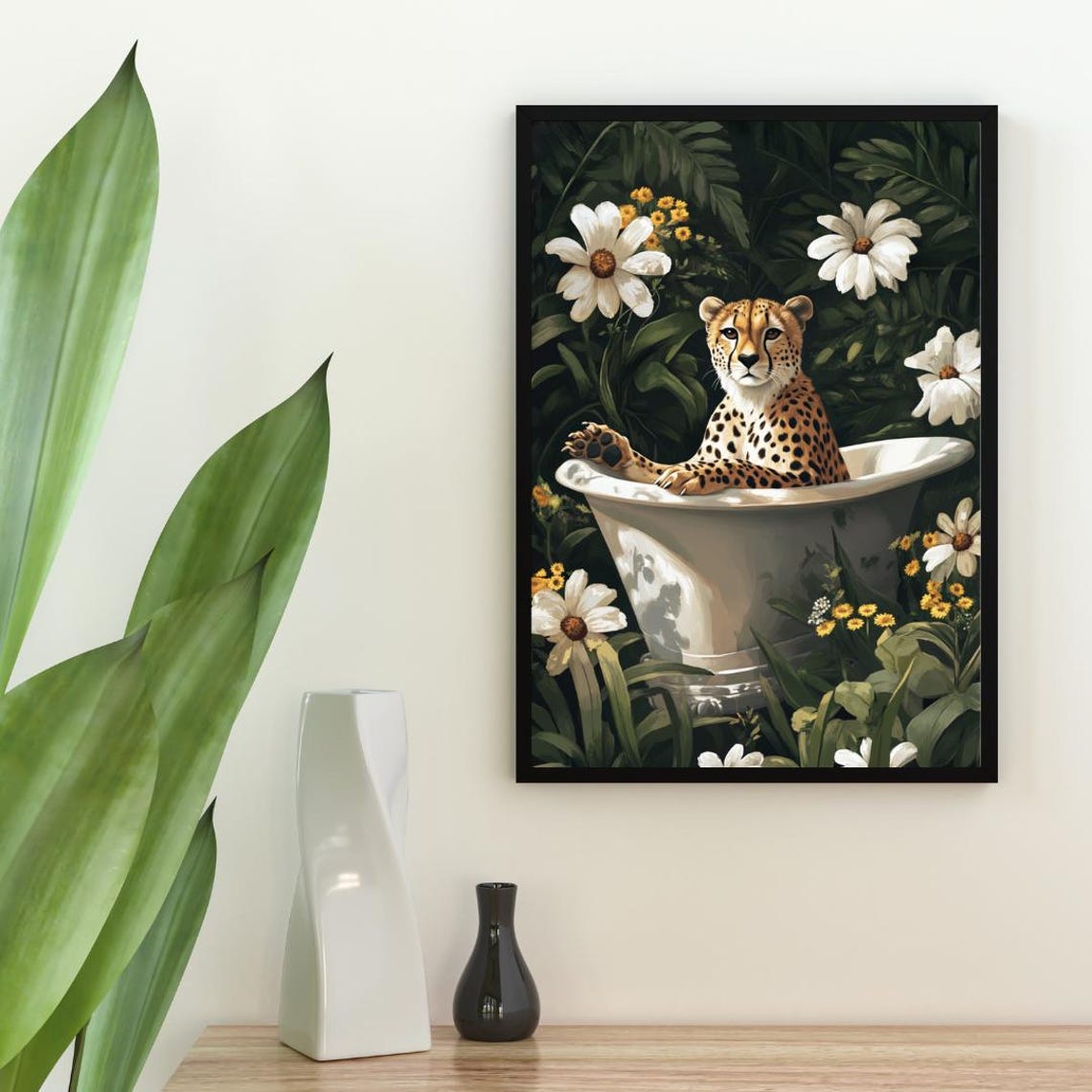 Cheetah in Bathtub Jungle Flowers Funny Animal Bathroom Art Poster - Image 2