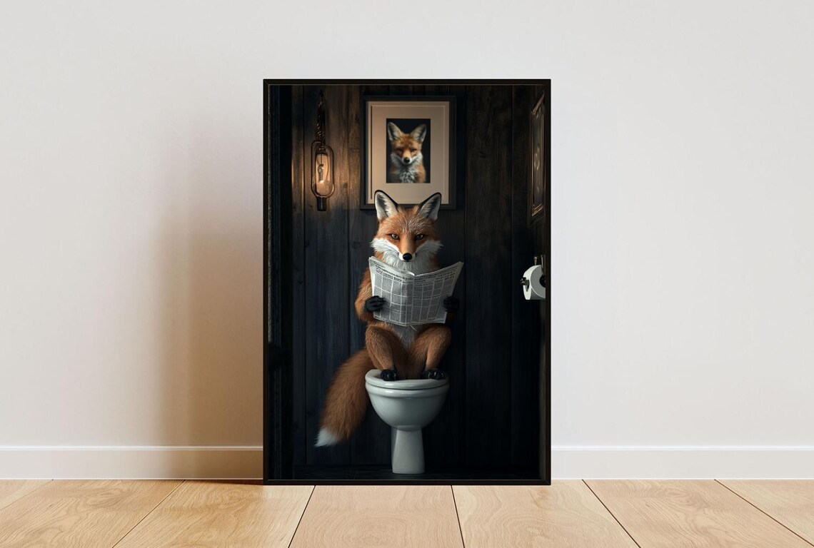 Fox On Toilet Poster, Animal Bathroom Wall Art