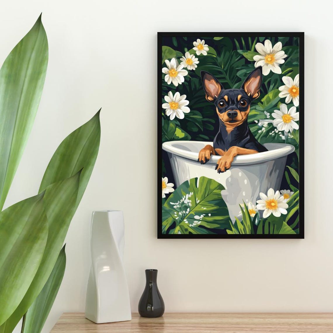 Miniature Pinscher in Bathtub Tiny Black Dog Bathroom Daisy Poster - Image 2