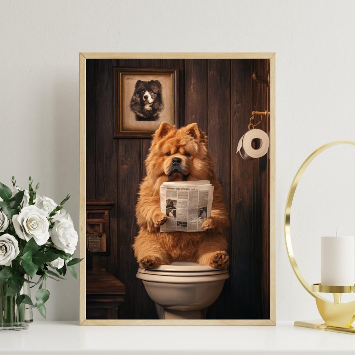 Chow Chow on a Toilet Reading a Newspaper in a Vintage Bathroom Poster - Image 3