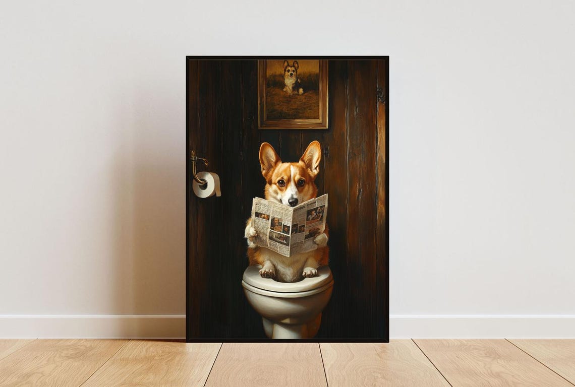 Pembroke Welsh Corgi On Toilet Reading Newspaper Funny Bathroom Poster