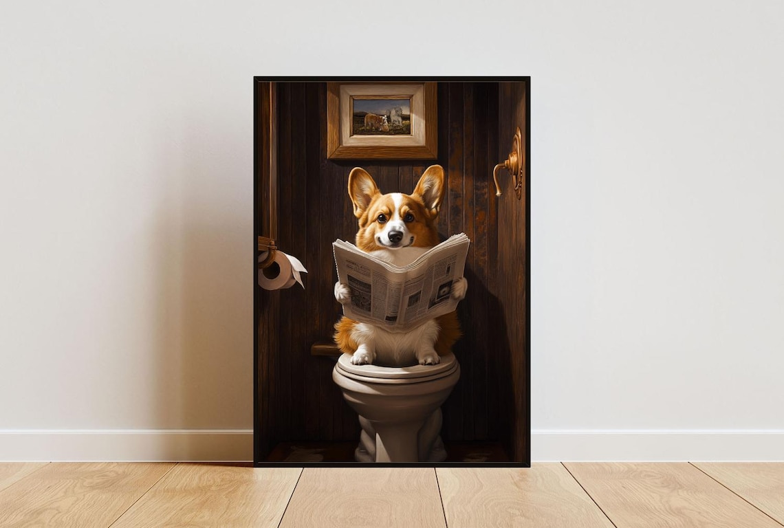 Cardigan Welsh Corgi On Toilet, Dog Bathroom Art Print