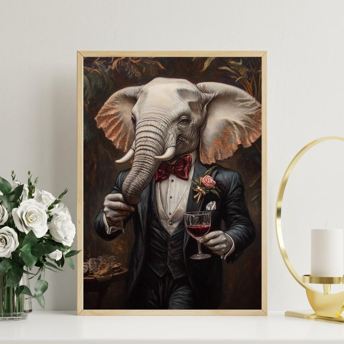 Elephant in Tuxedo Red Bow Tie Wine Glass Vintage Oil Painting Poster - Image 3