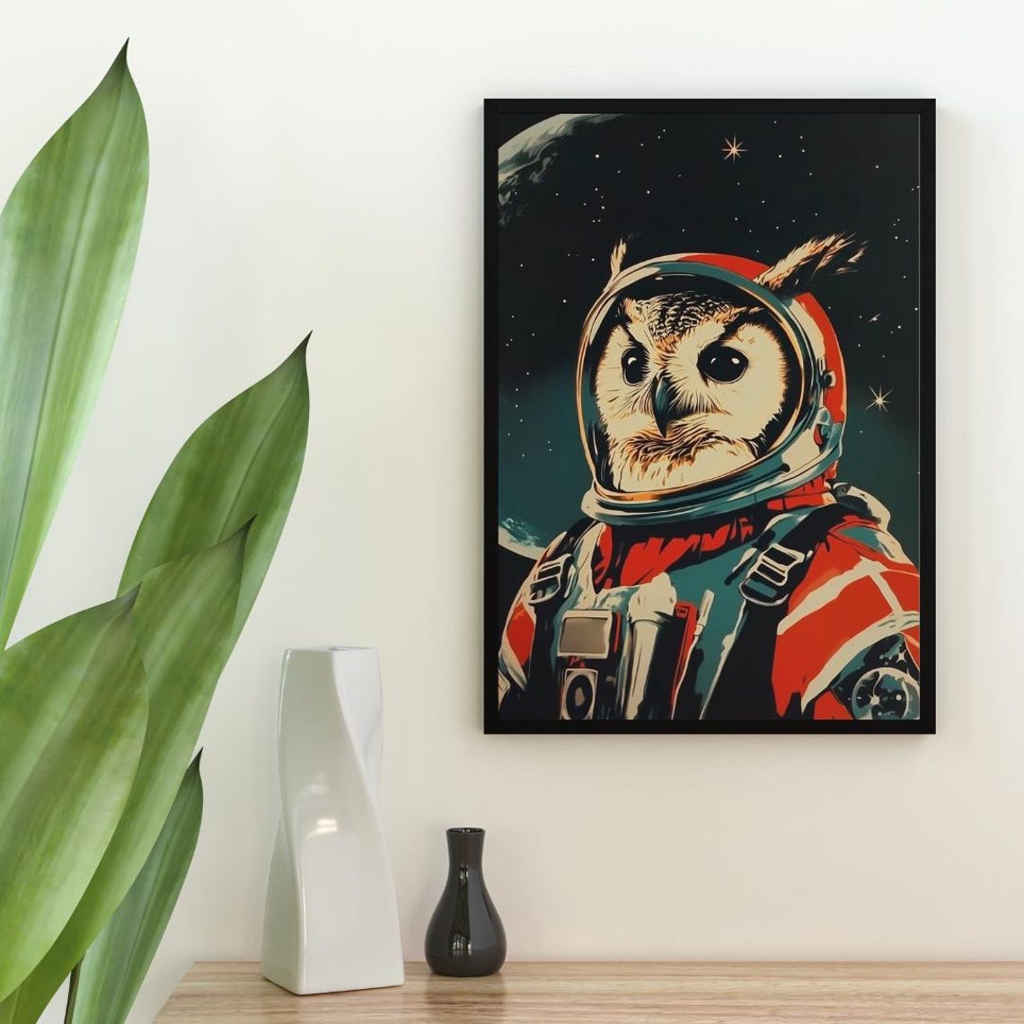 Owl Astronaut Vintage Retro Planet Starry Space Portrait Poster - Image 2
