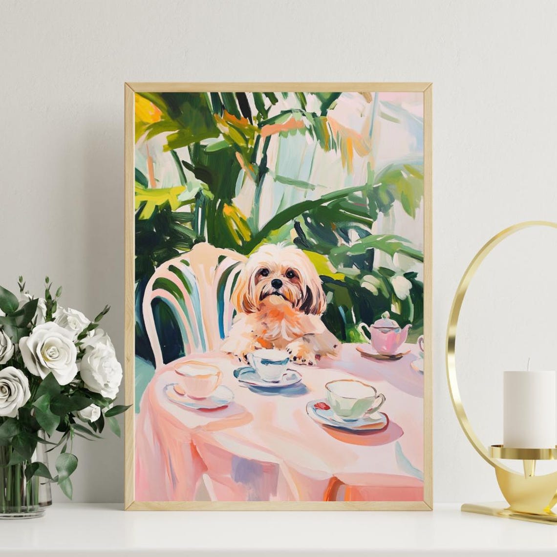 Lhasa Apso Dog Tea Party Fluffy Cream Oil Painting Cute Pet Poster - Image 3