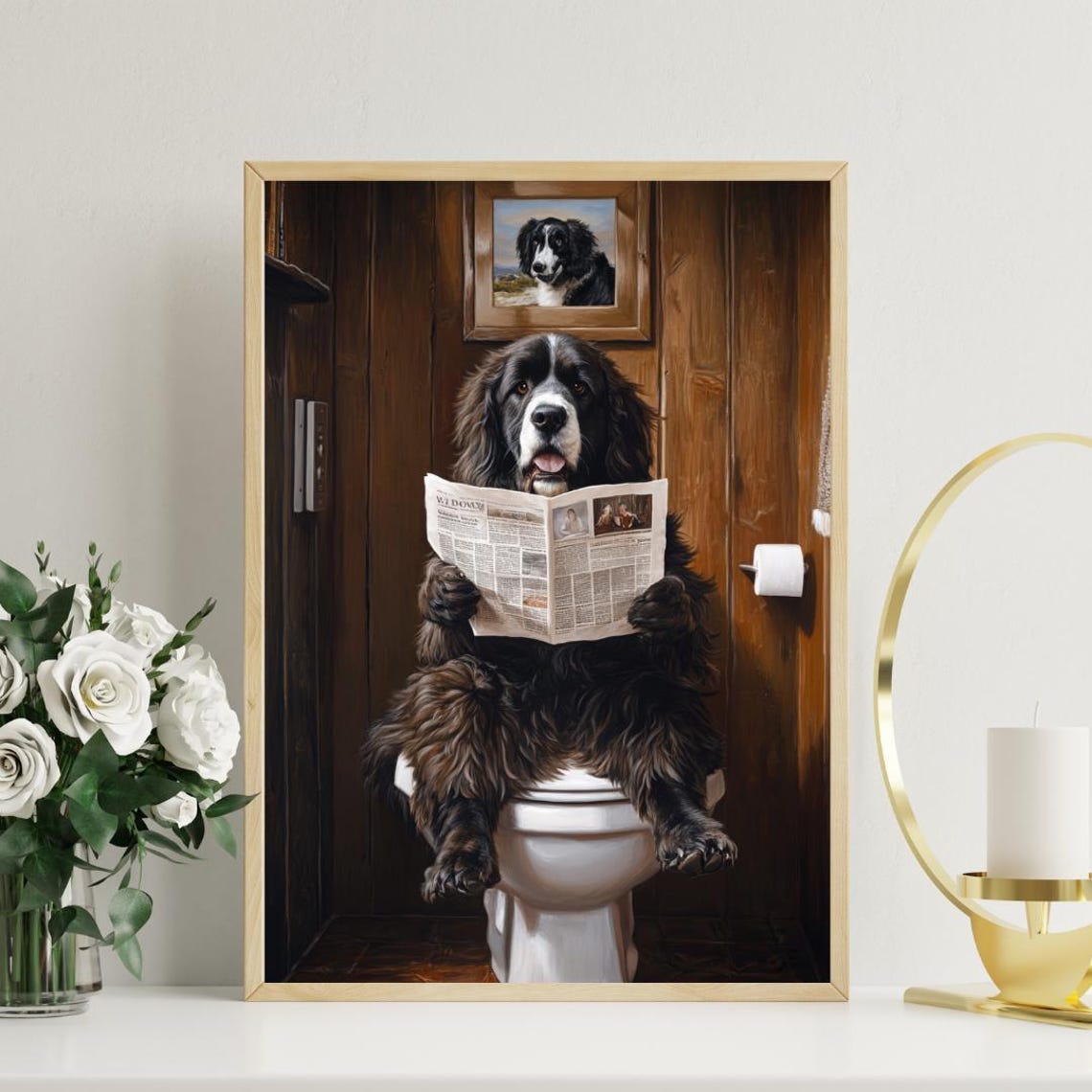 Newfoundland On Toilet Reading Newspaper Funny Bathroom Poster - Image 3