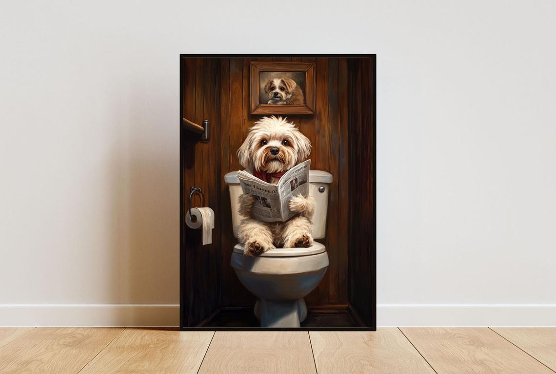 Lhasa Apso on a Toilet Reading a Newspaper in a Rustic Bathroom Poster
