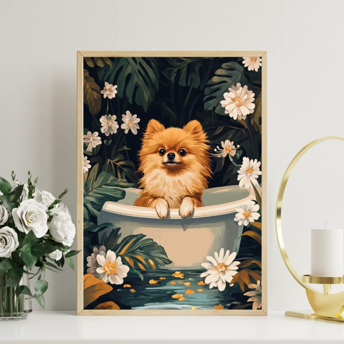 Pomeranian in Bathtub Tropical Flower Funny Dog Bathroom Poster - Image 3