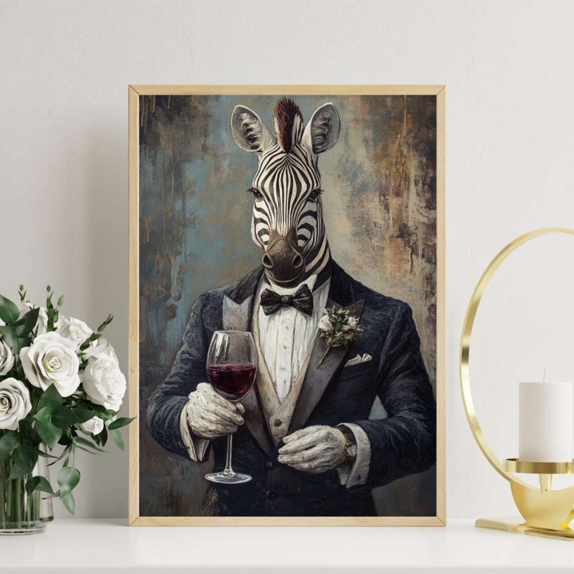Zebra in Tuxedo Holding Wine Glass Vintage Oil Painting Animal Poster - Image 3
