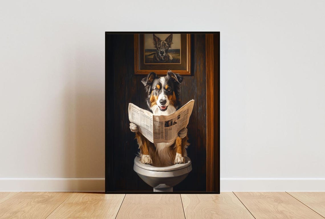 Australian Shepherd On Toilet Reading Funny Bathroom Dog Poster
