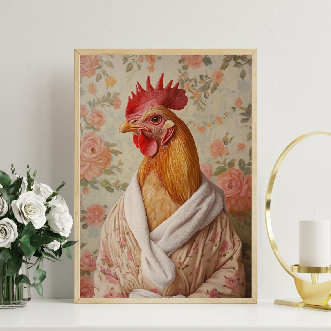 Chicken In Bathrobe Floral Wallpaper Funny Farmhouse Art Poster - Image 3