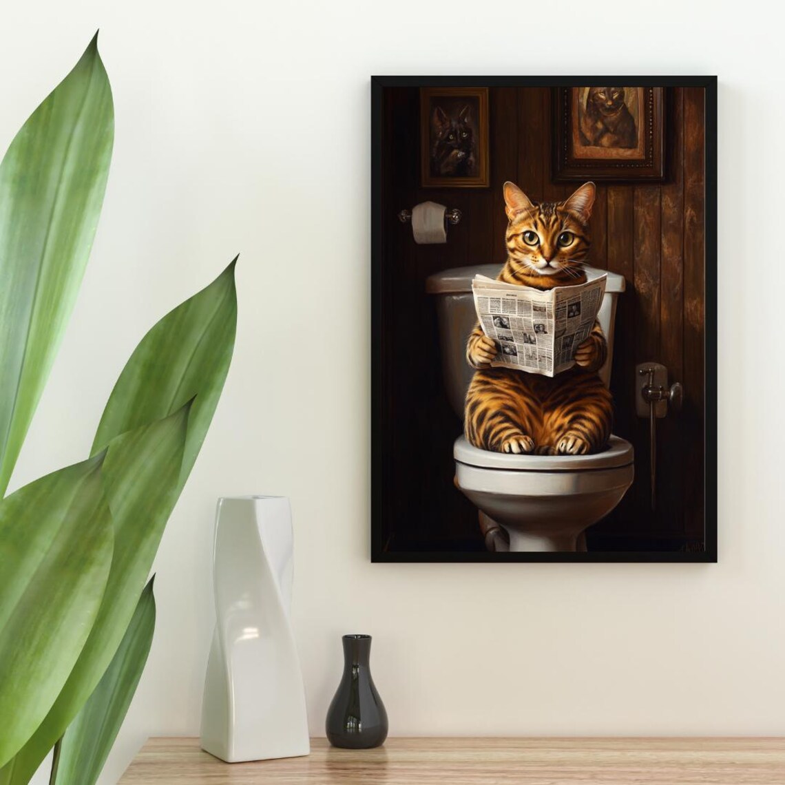 Bengal Cat on a Toilet Reading a Newspaper in a Vintage Bathroom Poster - Image 2
