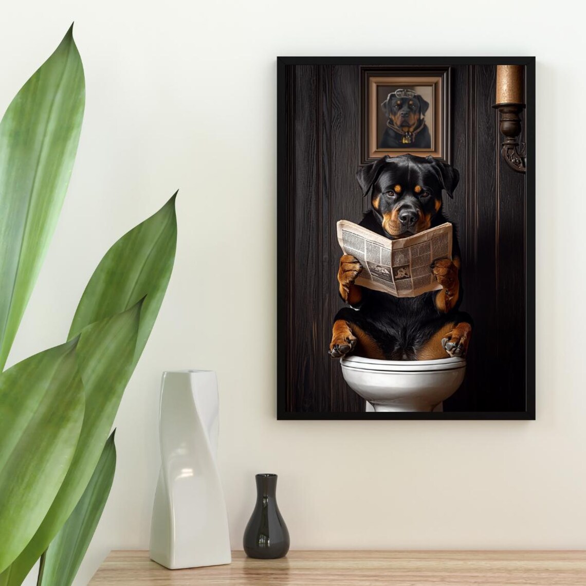 Rottweiler On Toilet Bathroom Dog Art Print - Image 2