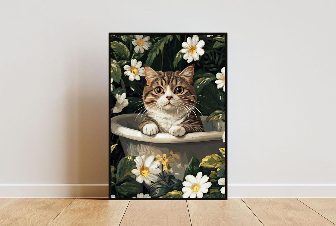 Scottish Fold Cat in Bathtub Botanical Bathroom Funny Decor Poster