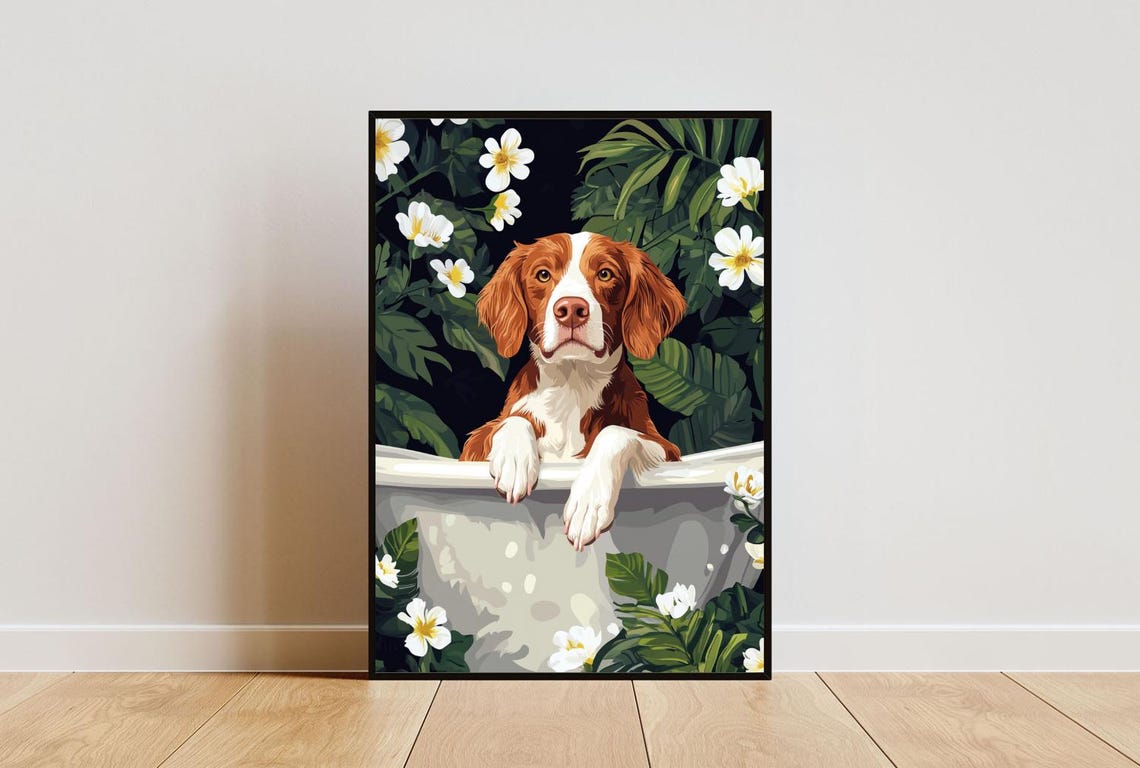 Brittany Spaniel in Bathtub Orange Dog Bathroom Floral Art Poster