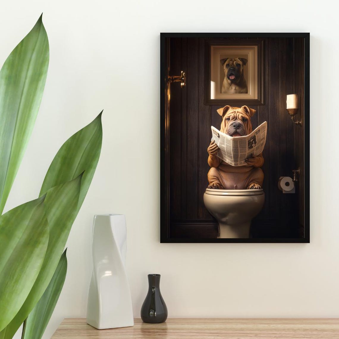 Chinese Shar Pei on a Toilet Reading a Newspaper in a Bathroom Poster - Image 2
