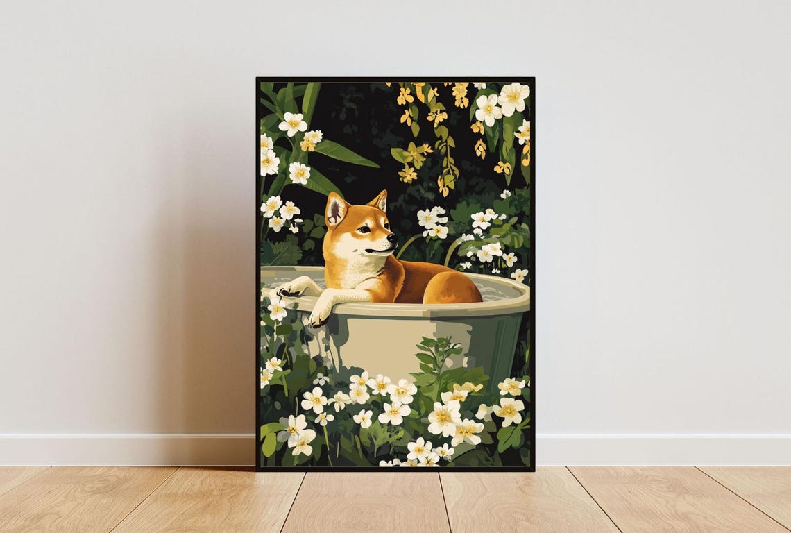 Shiba Inu Lounging In Flower Filled Bathtub Cute Funny Dog Poster