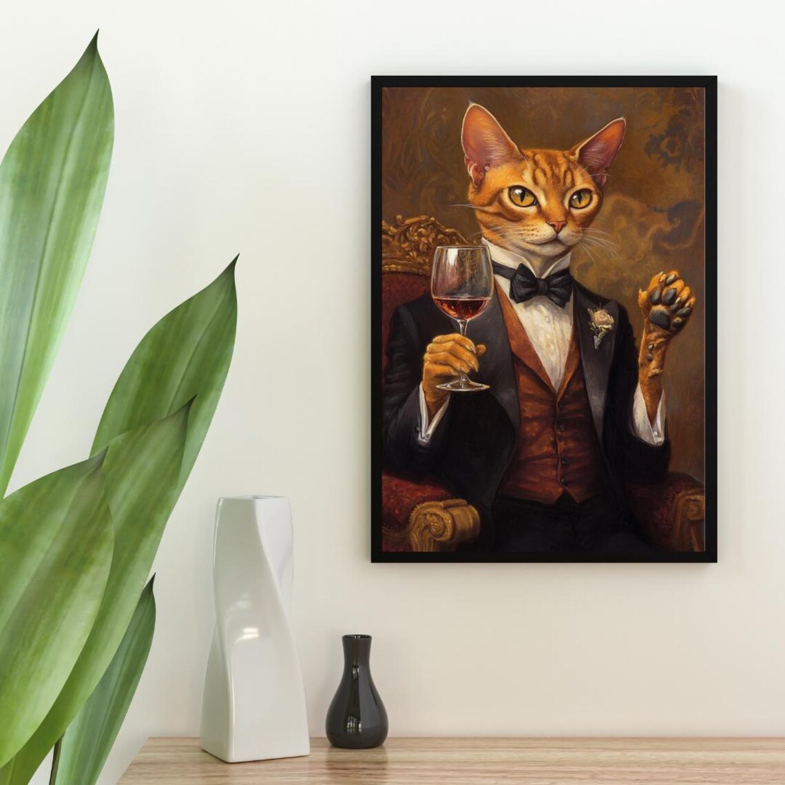 Abyssinian Cat In Tuxedo Holding Red Wine Black Bow Tie Portrait Poster - Image 2