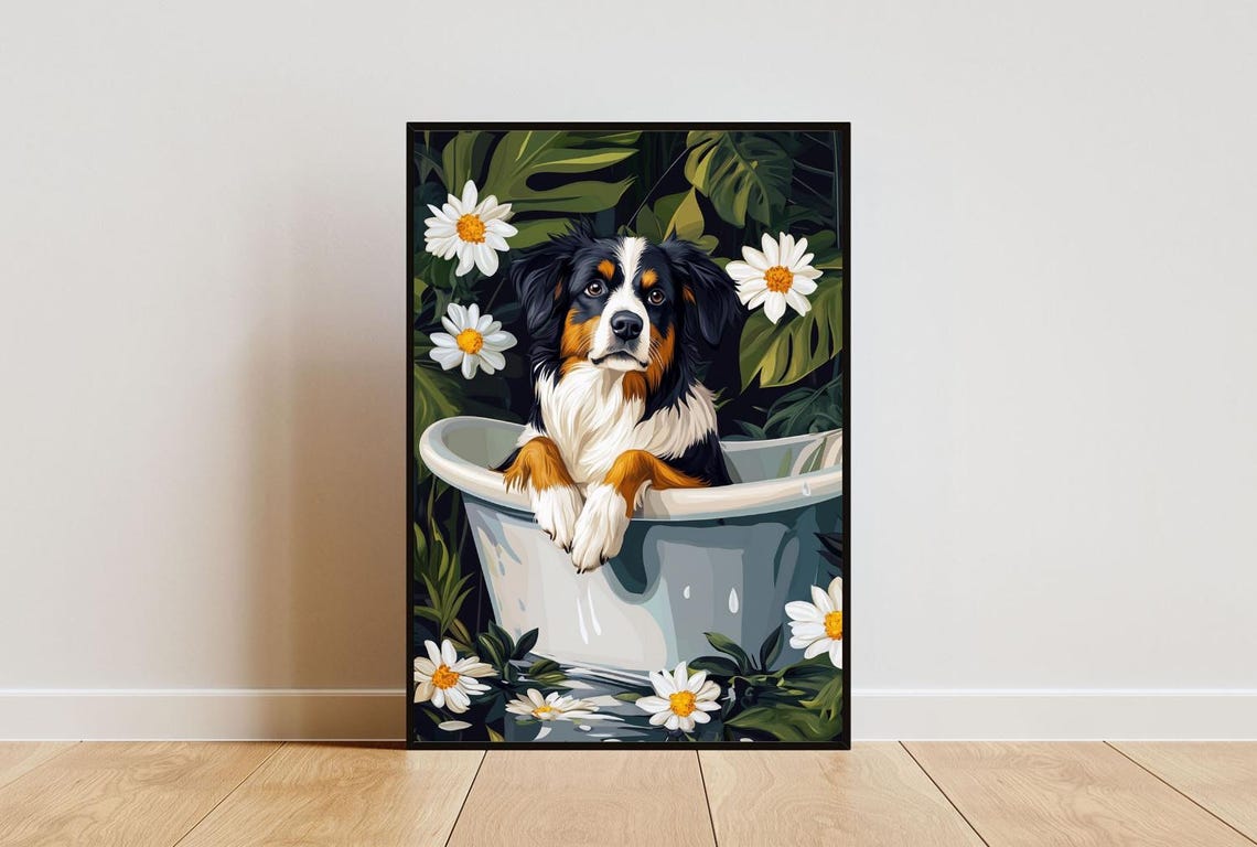 Australian Shepherd in Bathtub Tricolor Dog Bathroom Floral Poster