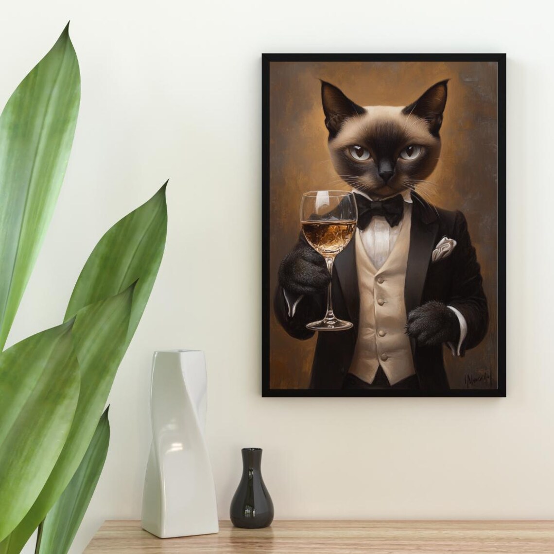 Siamese Cat In Tuxedo Holding White Wine Glass Regal Formal Feline Portrait Poster - Image 2