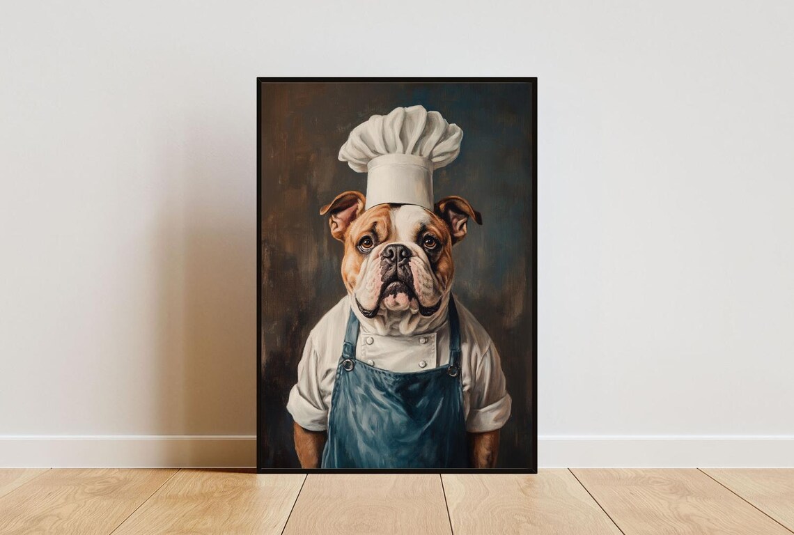 Bulldog In Chef's Hat Funny Dog Kitchen Poster