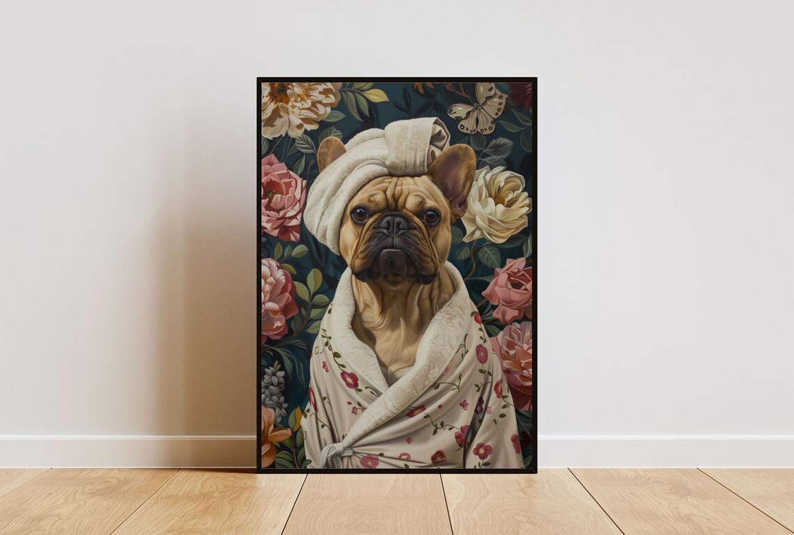 French Bulldog In Bathrobe Poster, Bathroom Dog Art