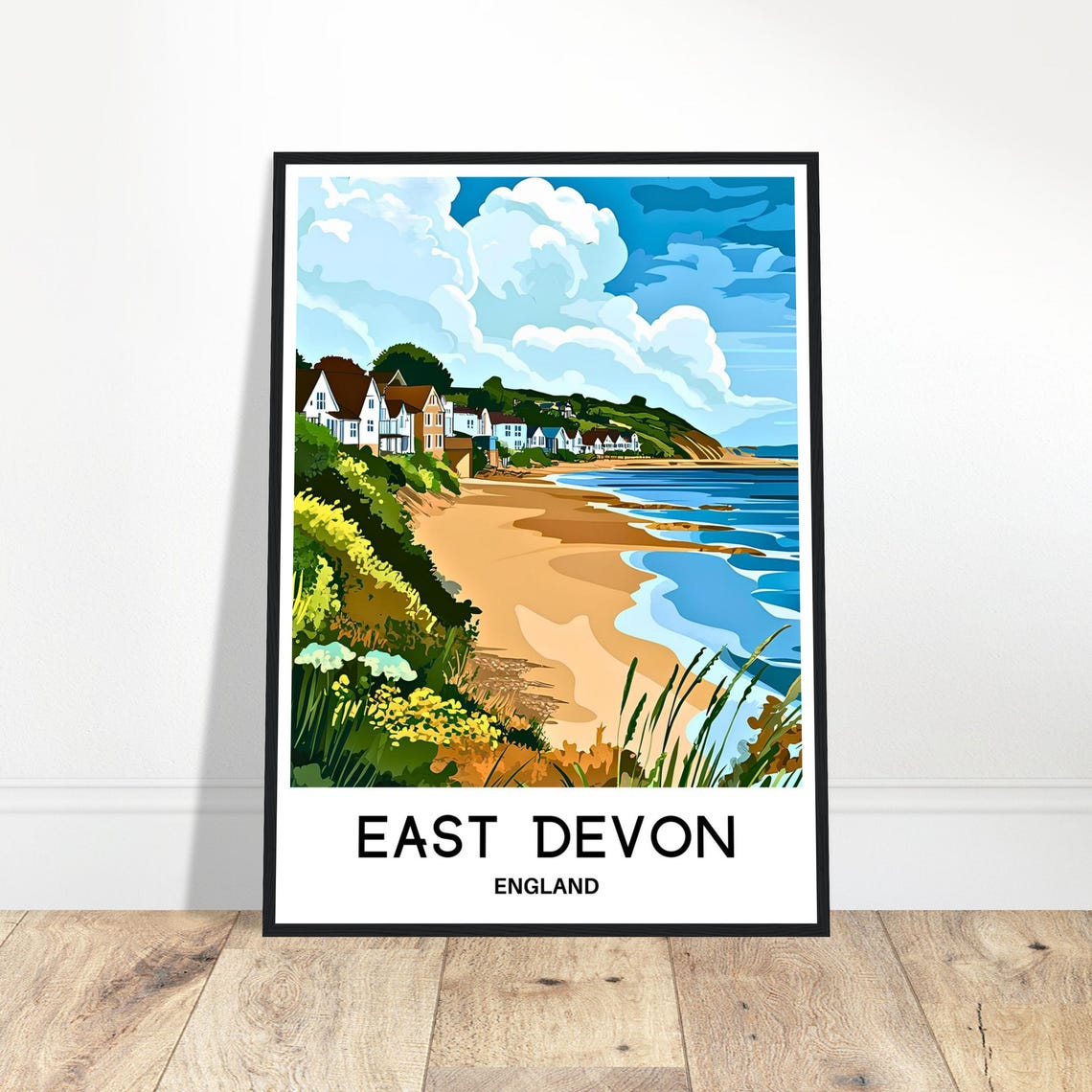 East Devon England Sandy Beach Coastline Colorful Travel Wall Poster