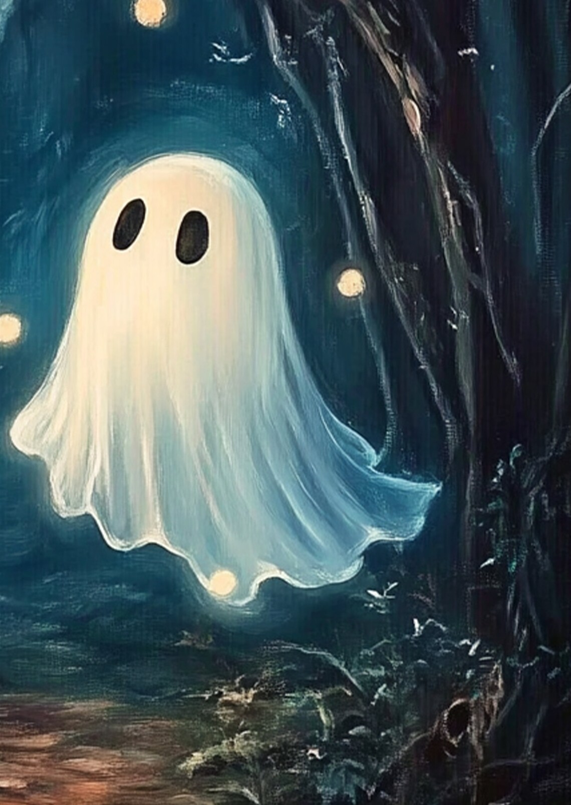 Two Glowing Ghosts In An Enchanted Forest Poster Magical Halloween Night - Image 2