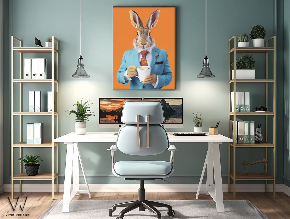 Hare in Turquoise Suit Holding Coffee Mug Funny Office Animal Poster - Image 3