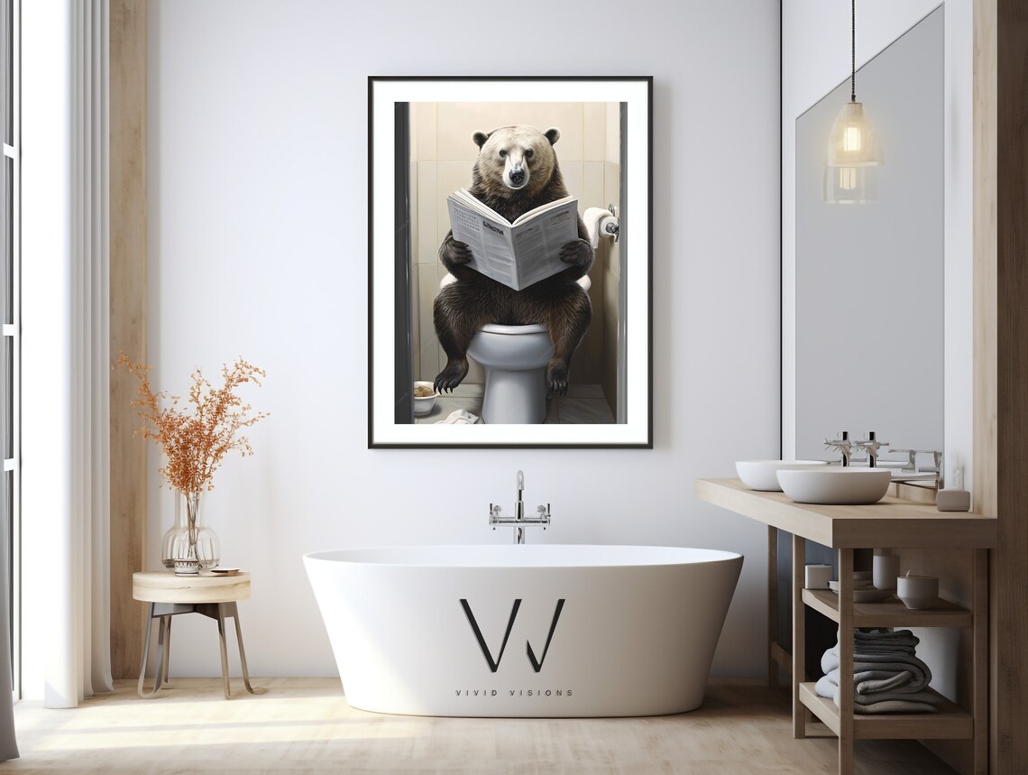 Brown Bear Reading the Newspaper on the Toilet Funny Wall Poster - Image 3