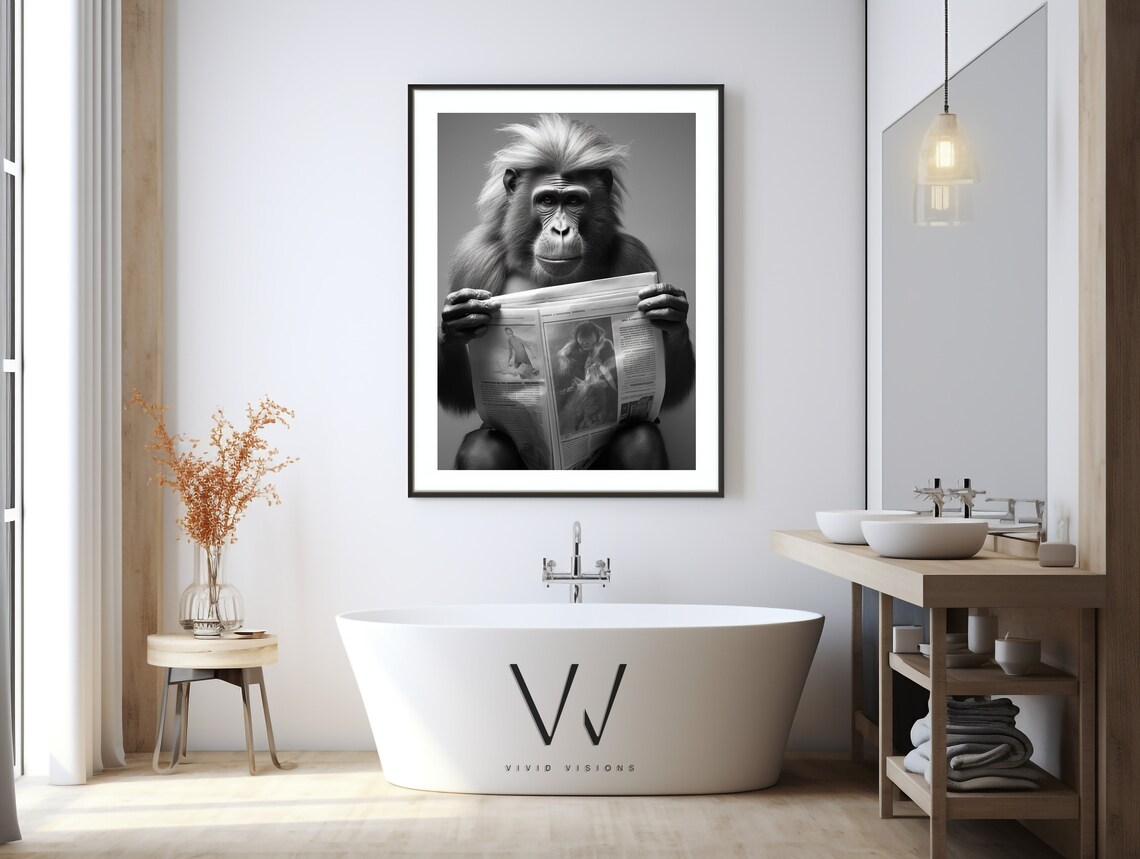 Orangutan Reading a Newspaper on the Toilet Black and White Poster - Image 2