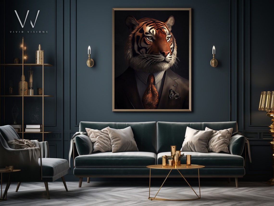 Tiger in Brown Suit Patterned Tie Business Portrait Elegant Poster - Image 4