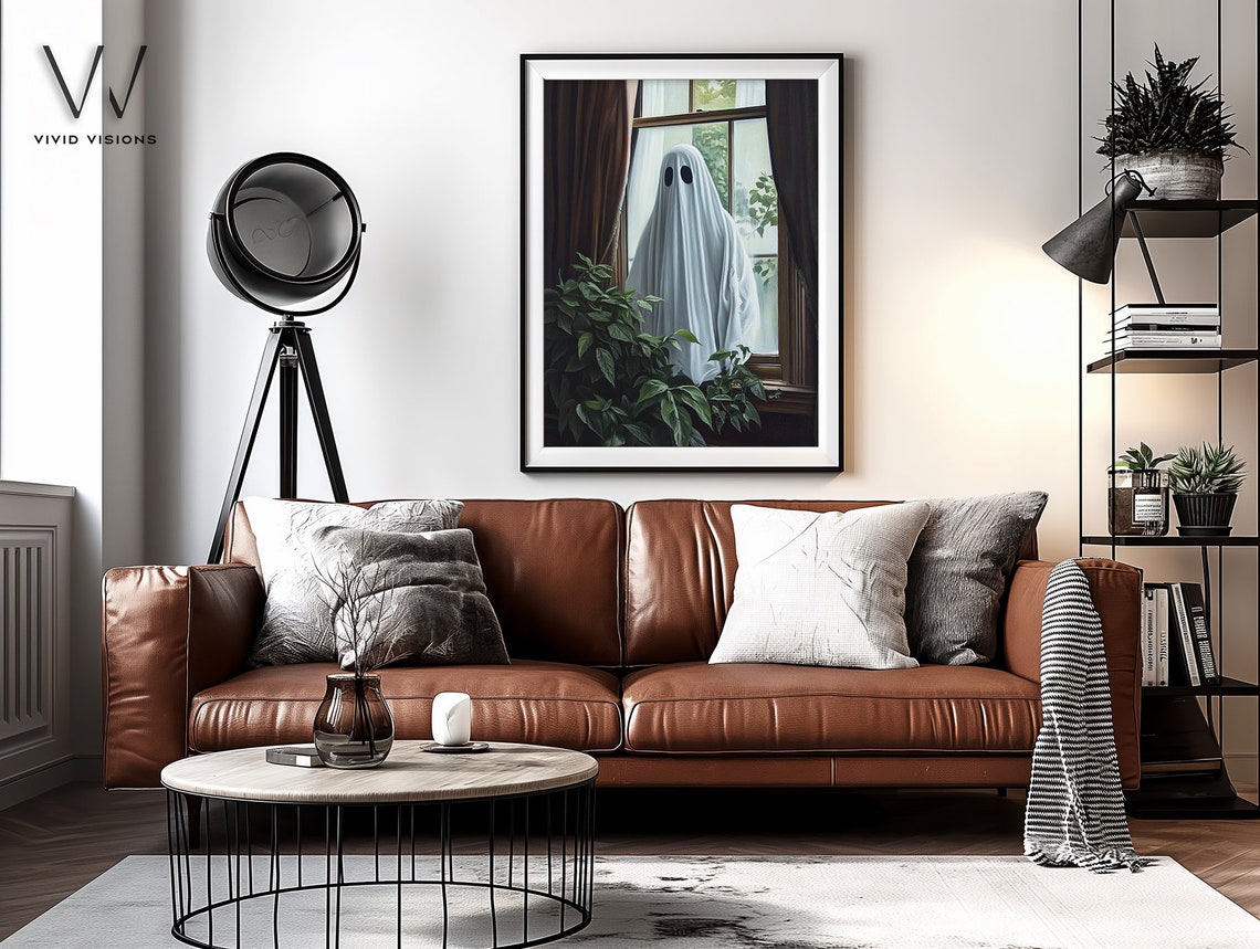 Ghost Peeking Through A Window Poster Cozy Houseplant Halloween Decor - Image 3