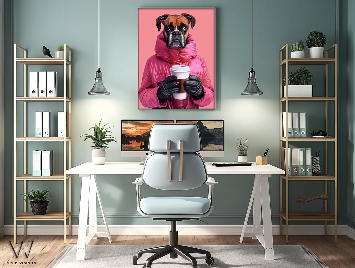 Boxer Dog in Pink Puffer Coat Holding Coffee Cute Winter Pet Poster - Image 3