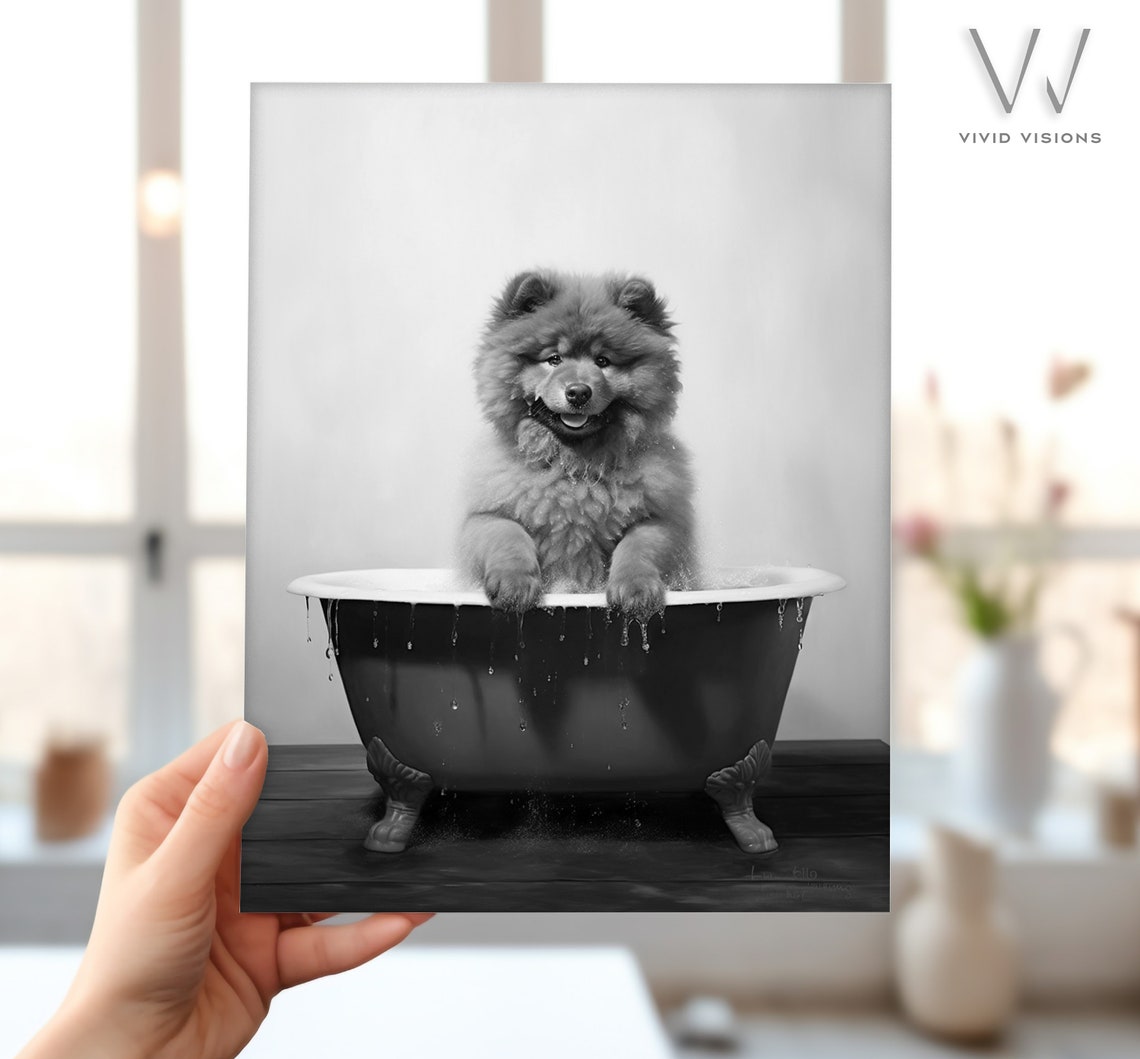 Chow Chow Puppy in Vintage Bathtub Black White Bathroom Poster - Image 4