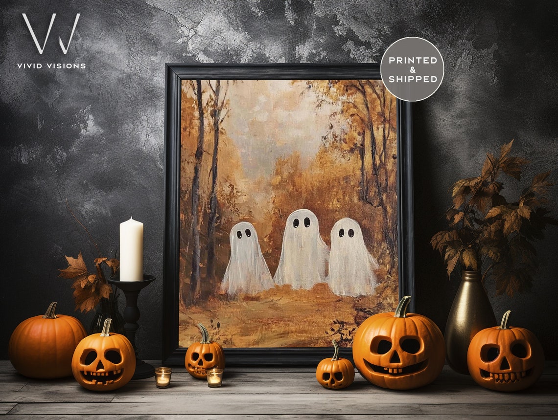 Three Ghosts In An Autumn Forest Poster Spooky Fall Halloween Painting - Image 3