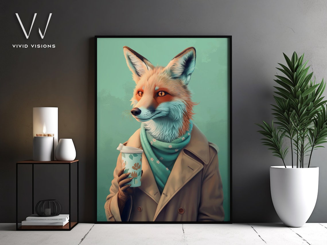 Fox in Trench Coat Holding Coffee Cup Teal Scarf Stylish Art Poster