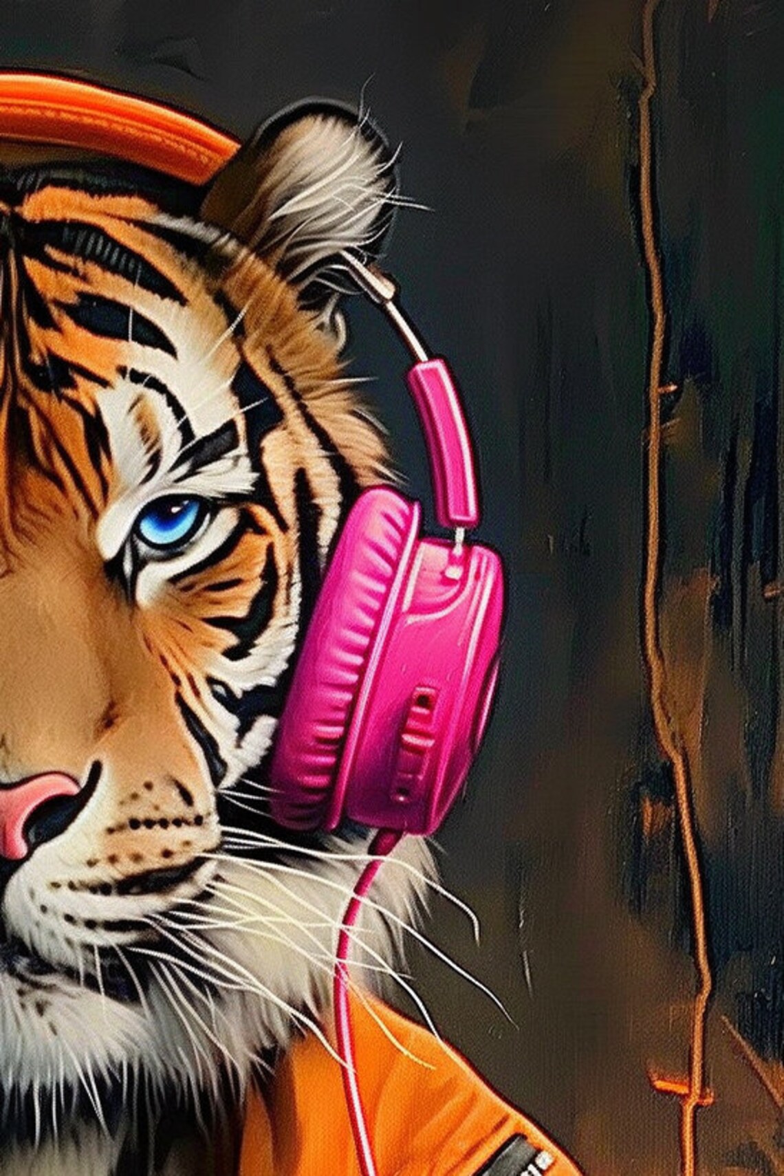 Tiger with Pink Headphones Orange Jacket Music Animal Portrait Poster - Image 2