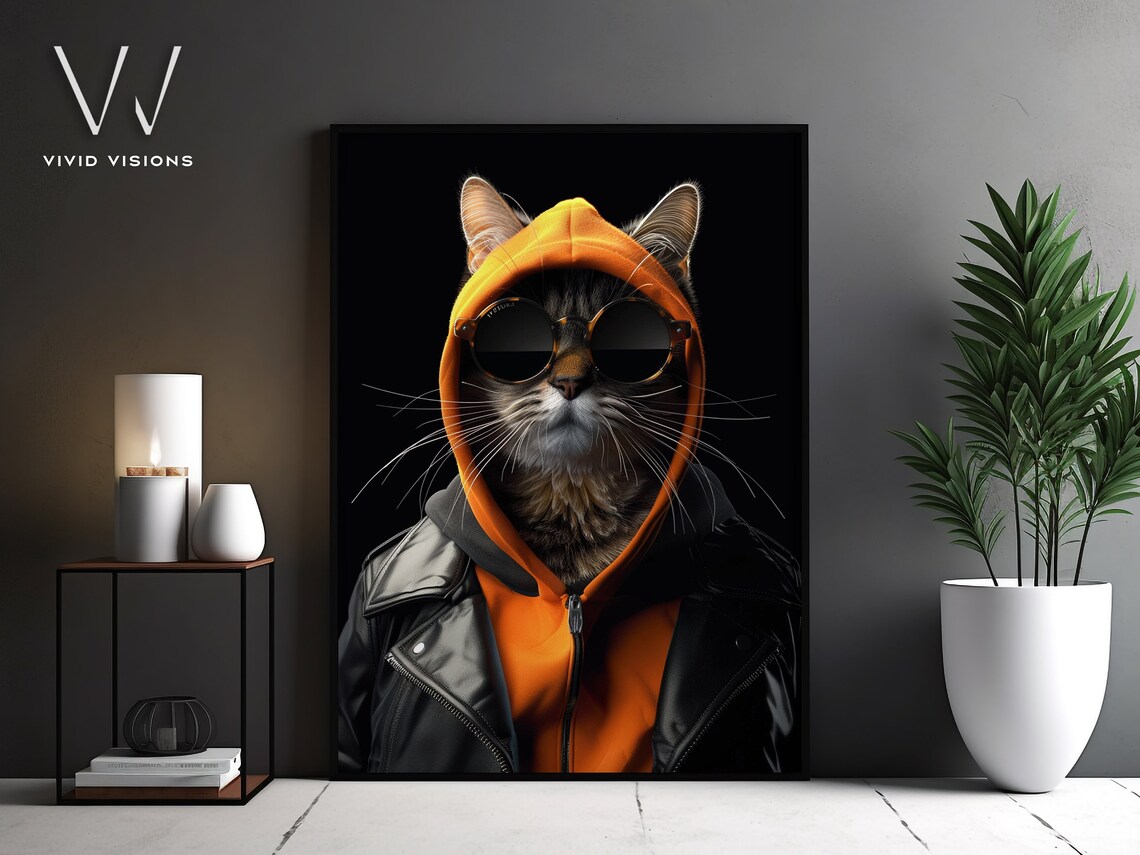 Modern Cat Portrait Cat In Sunglasses And Hoodie Stylish Animal Art Contemporary Wall Art Vintage Poster Unframed Art 1338