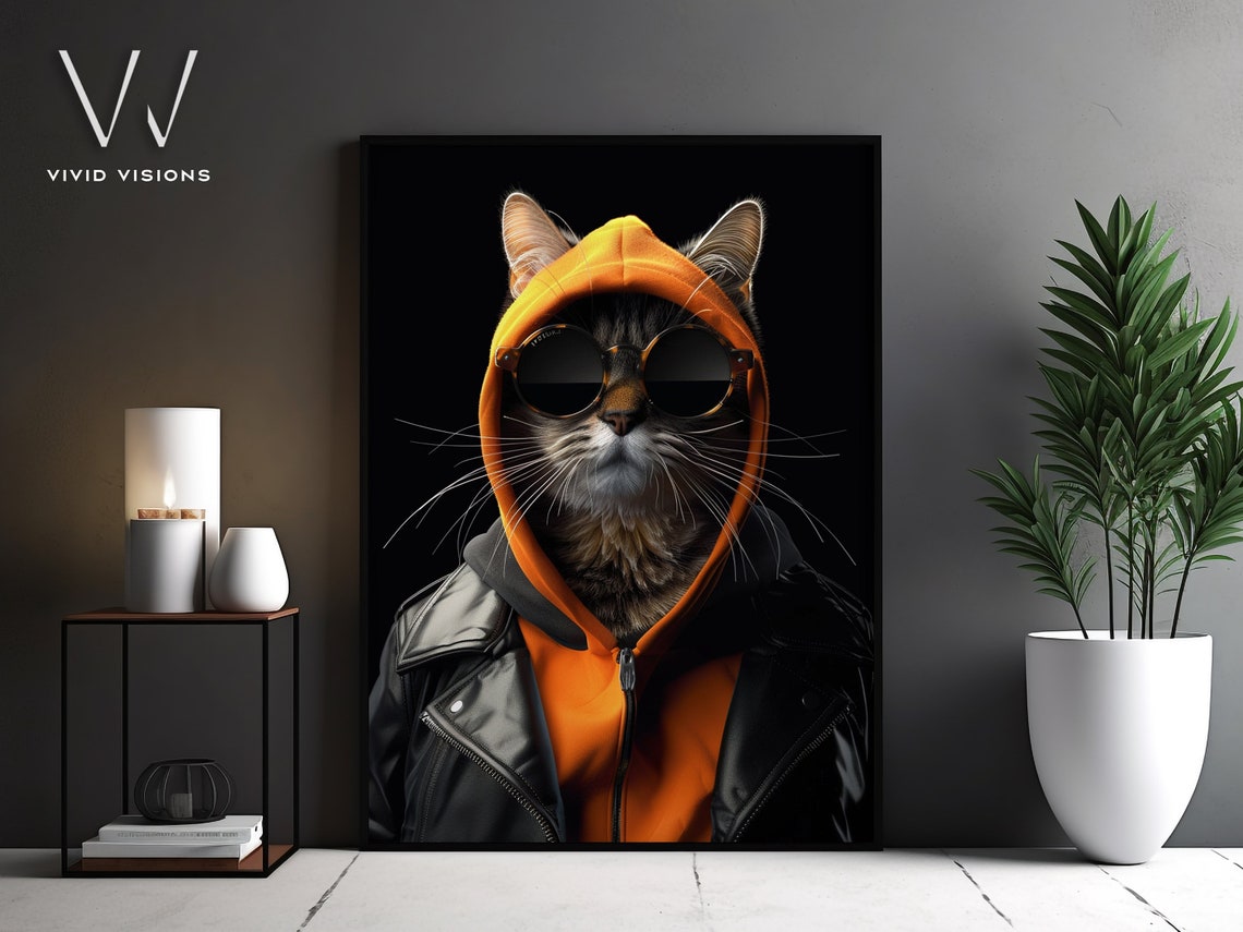 Tabby Cat in Orange Hoodie Leather Jacket Sunglasses Cool Pet Poster