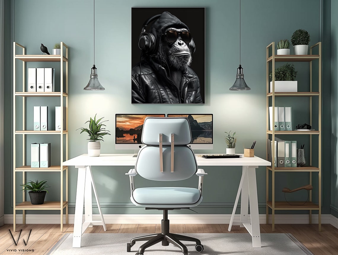 Cool Chimpanzee DJ Headphones Sunglasses Modern Animal Portrait Poster - Image 3