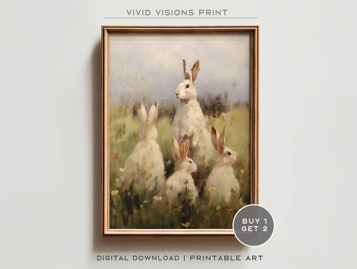Four White Rabbits Tall Grass Wild Meadow Vintage Spring Poster
