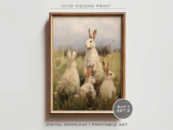 Four White Rabbits Tall Grass Wild Meadow Vintage Spring Poster