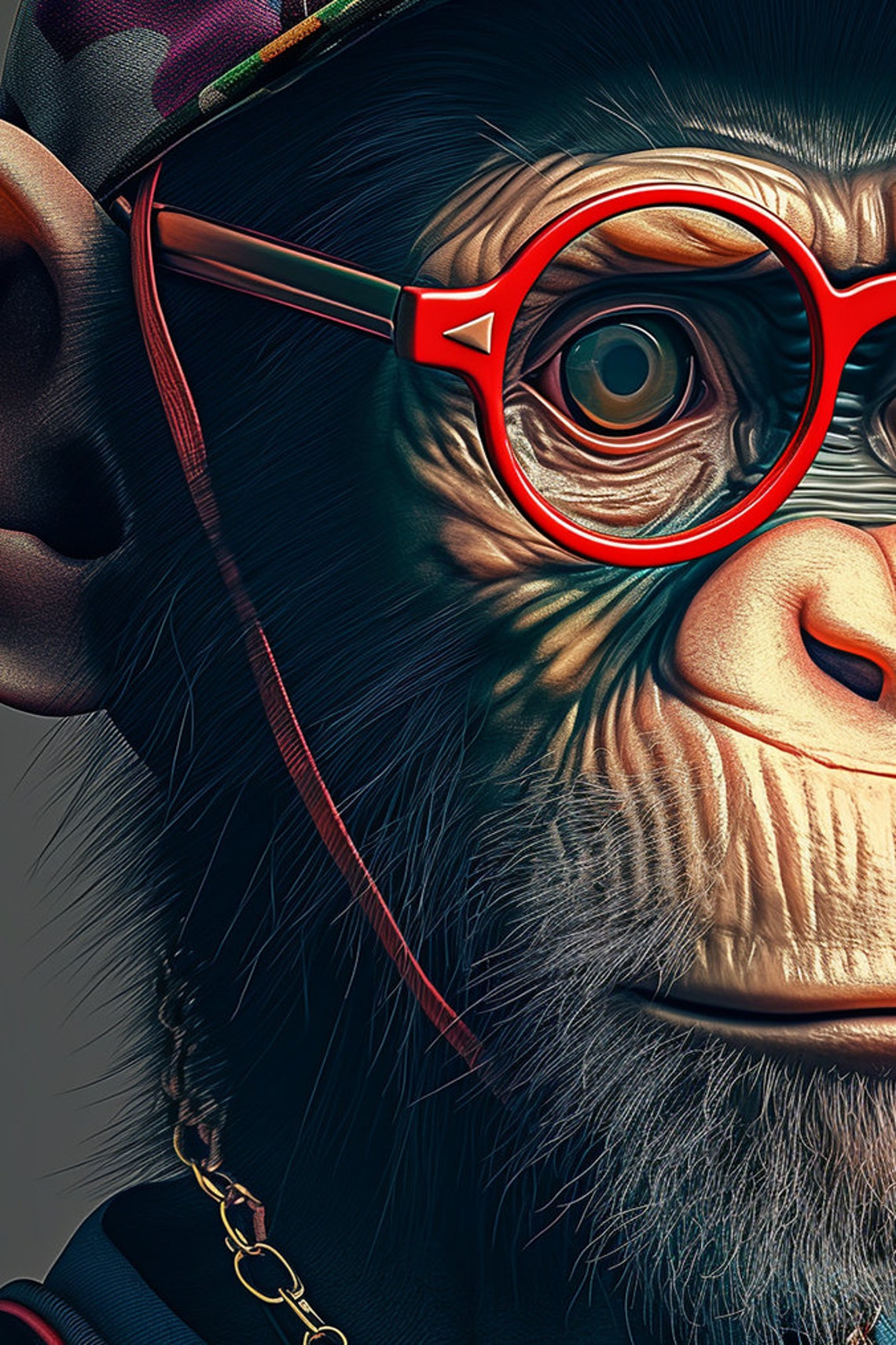 Chimp in Colorful Cap Red Glasses Gold Chain Streetwear Poster Art - Image 2