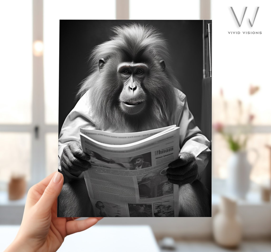 Distinguished Monkey in White Shirt Reading Newspaper Portrait Poster - Image 4