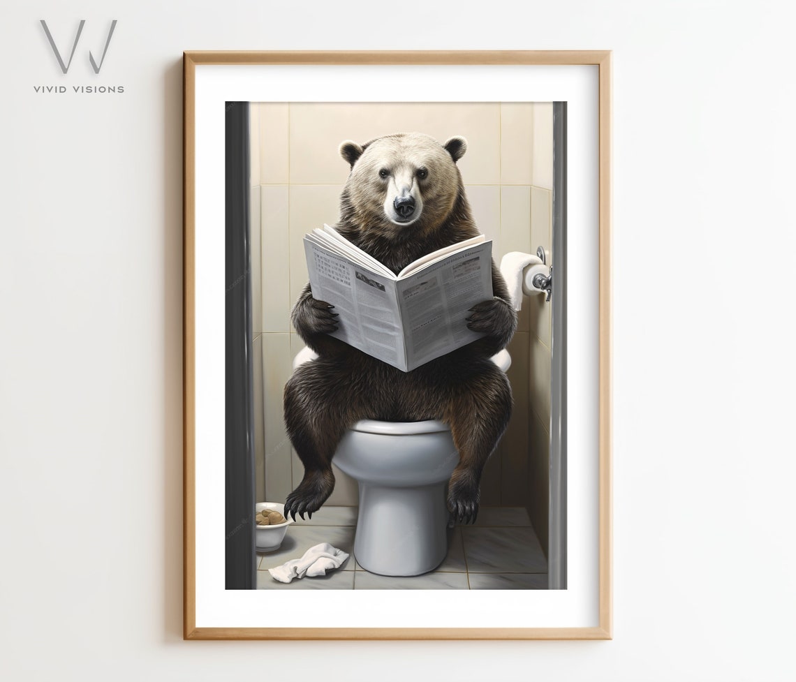 Hilarious Brown Bear Reading Newspaper on the Toilet Bathroom Poster
